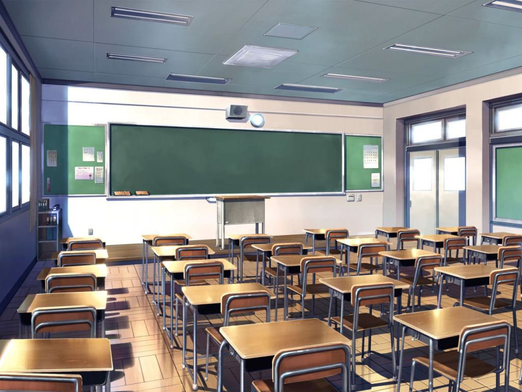 A classroom with desks and chairs in front of the chalkboard.